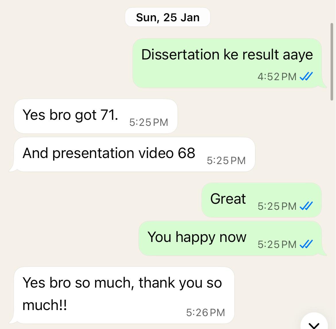 WhatsApp review showing dissertation score of 71 and presentation score of 68