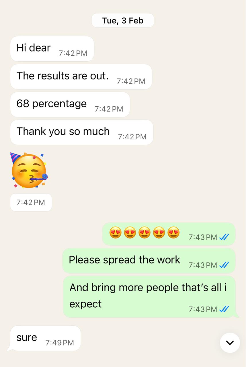 WhatsApp message where a student shares thanks and agrees to spread the word