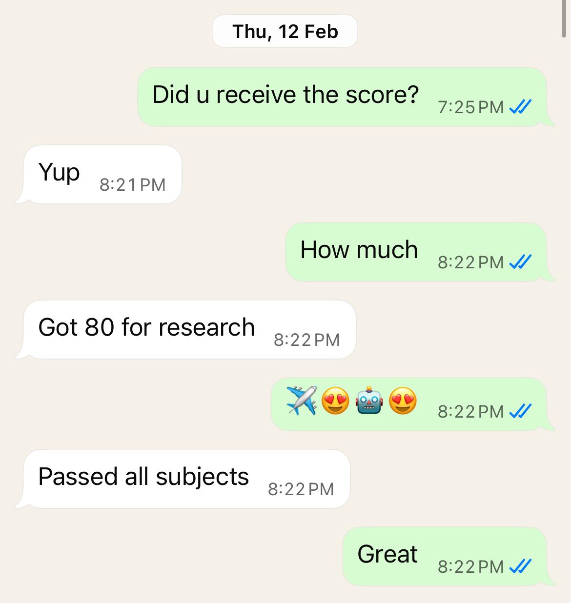 WhatsApp review showing 80 for research and passing all subjects